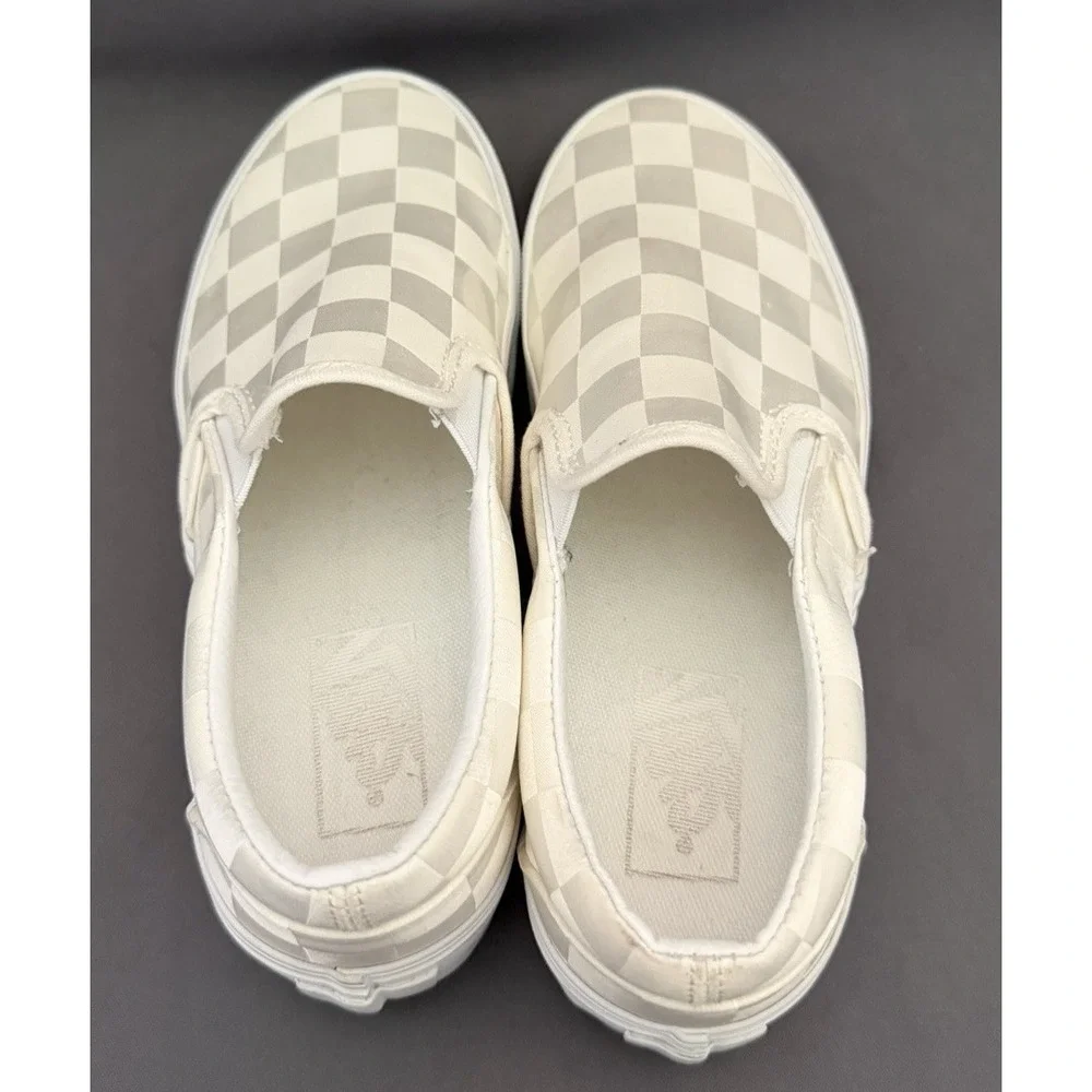 Vans Classic Slip-On Shoe Womens Size 7 Ivory Stackform Checkerboard Satin